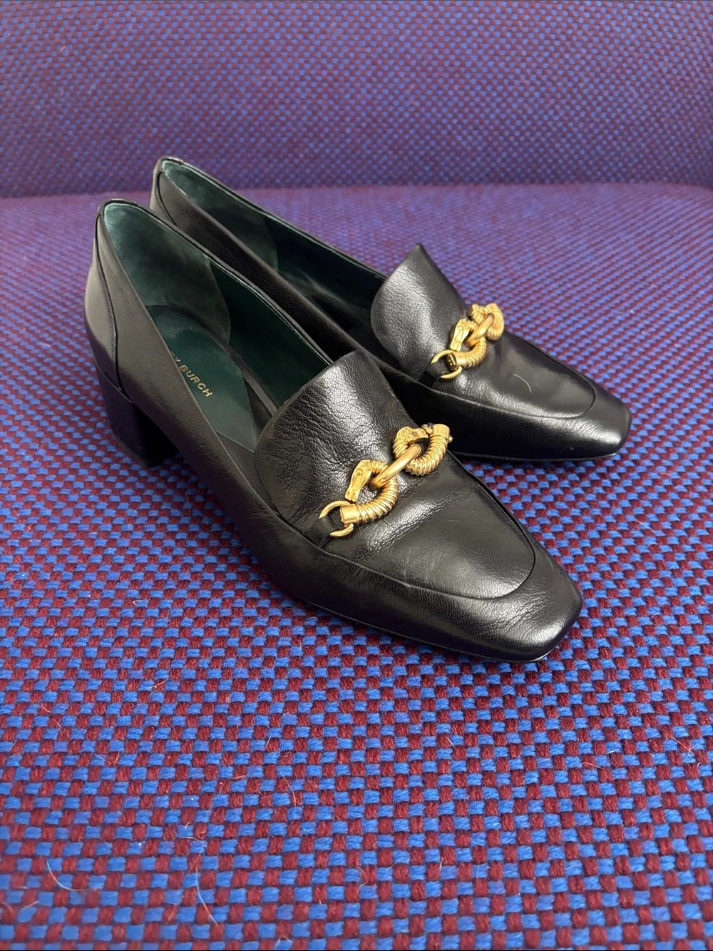 Tory Burch Black Leather Loafers with Gold Chain Detail